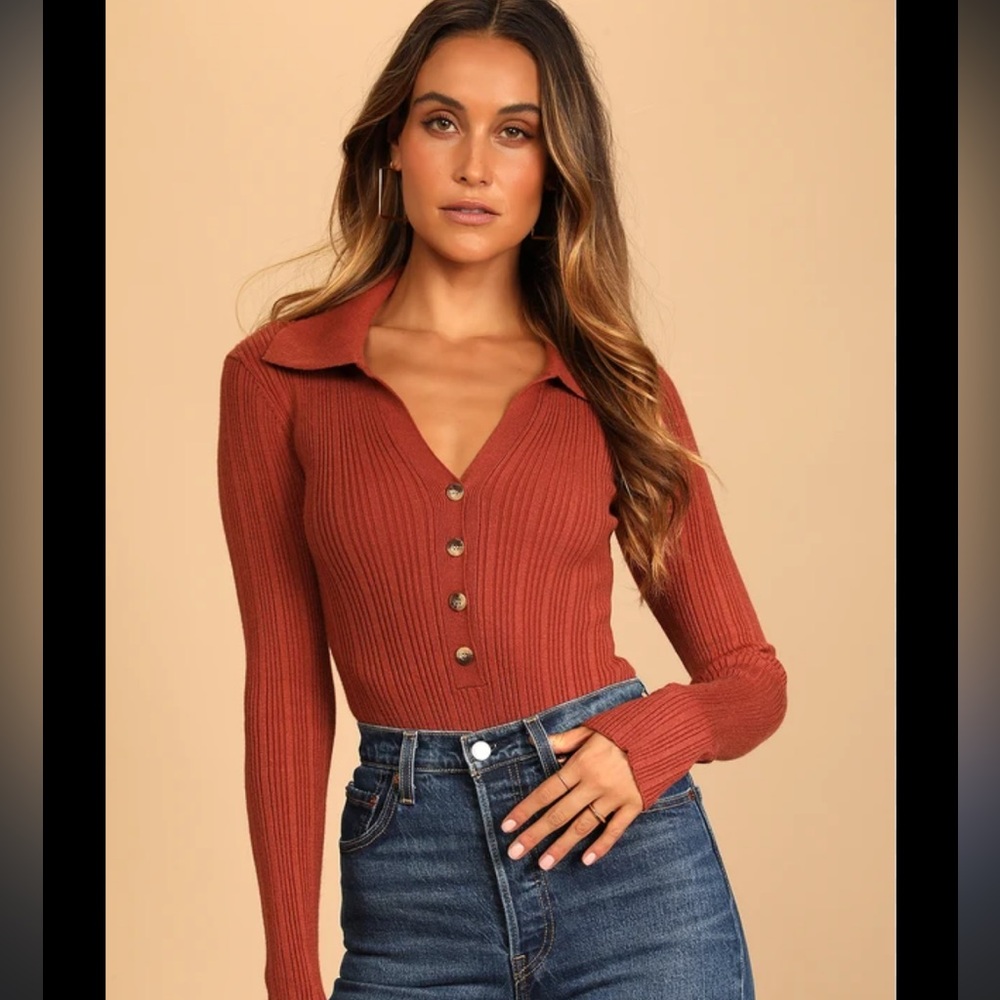 Lulus - Rust ribbed bodysuit button-up long sleeve